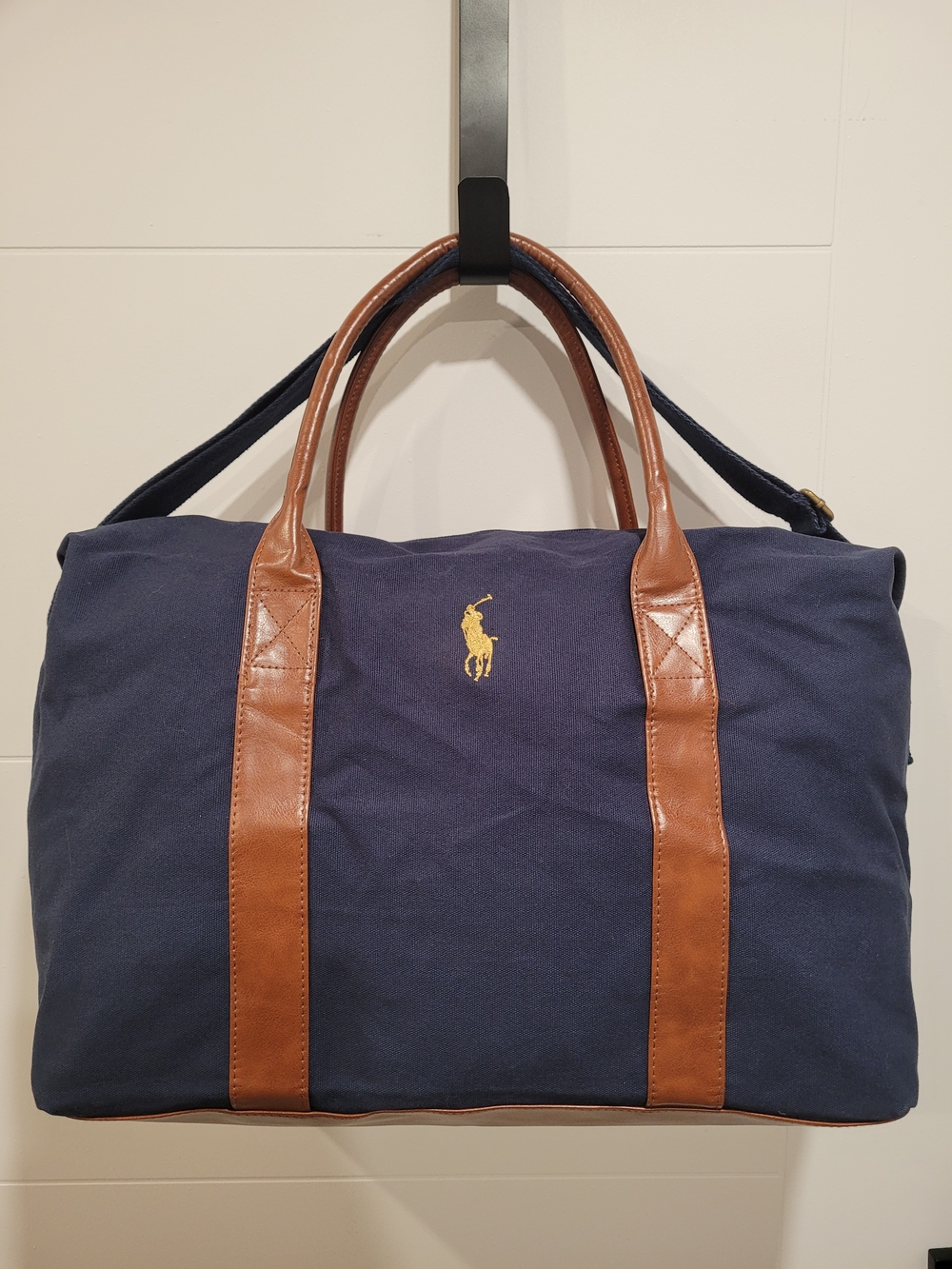 Ralph Lauren Navy Canvas Duffel with Brown Leather Trim and Gold Pony